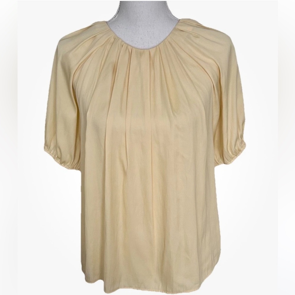 Ann Taylor Blouse Pleated Neck Puff Sleeve Butter Yellow Classic Preppy Capsule